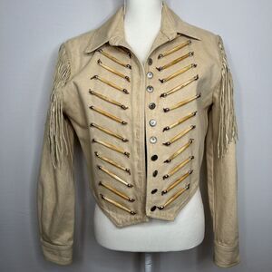 Vintage Double D Ranch Wear Ivory Military Western Fringe Jacket Size Small